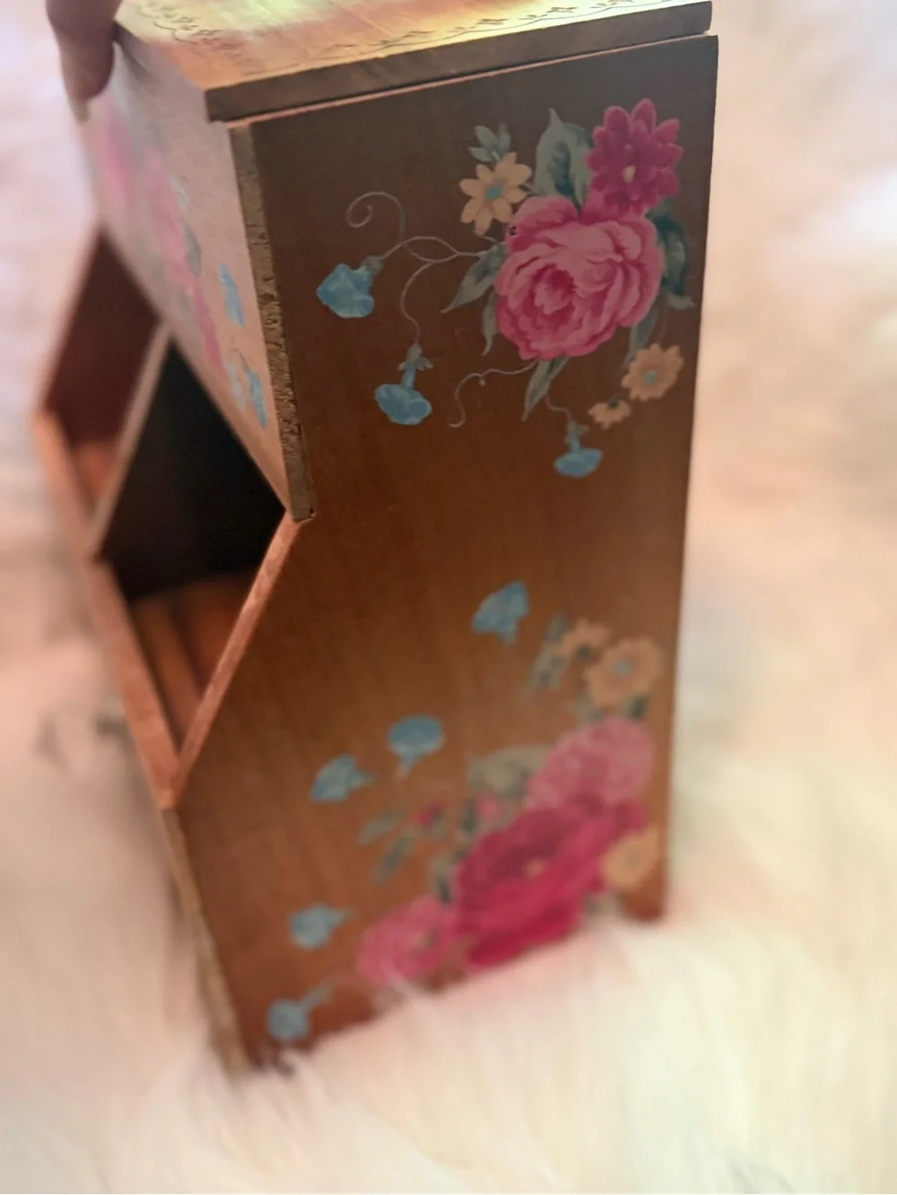 Pioneer Woman Hand-Painted Floral Wooden Storage Box - Natural Wood and Pink
